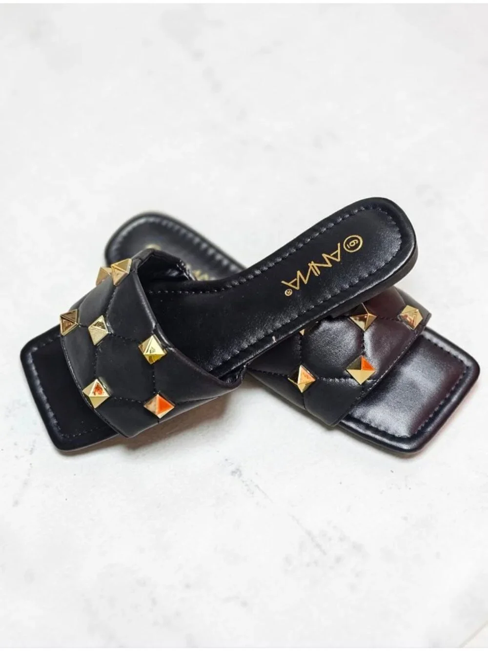 Black Quilted Slides With Gold Studded Detail For Women - Square Toe Slip-On San